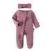 Qufokar Infant Girl Winter Clothes Snap Romper Baby Baby Girl Boy Ruffle Romper Knit Jumpsuit Long Sleeve Zipper Footie Playsuit Headband Solid Fall Winter Outfits