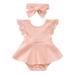 Toddler Girls Bodysuits Girls Ribbed Lace Backless Romper Bodysuit Little Girls Dress Headband Clothes Outfits Set For 3-6 Months