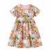 Fesfesfes Toddler Baby Girls Summer Dress Cartoon Printing Short Sleeve Dress Cotton Round Neck Sun Dress Casual Boho Beach Dress Clearance