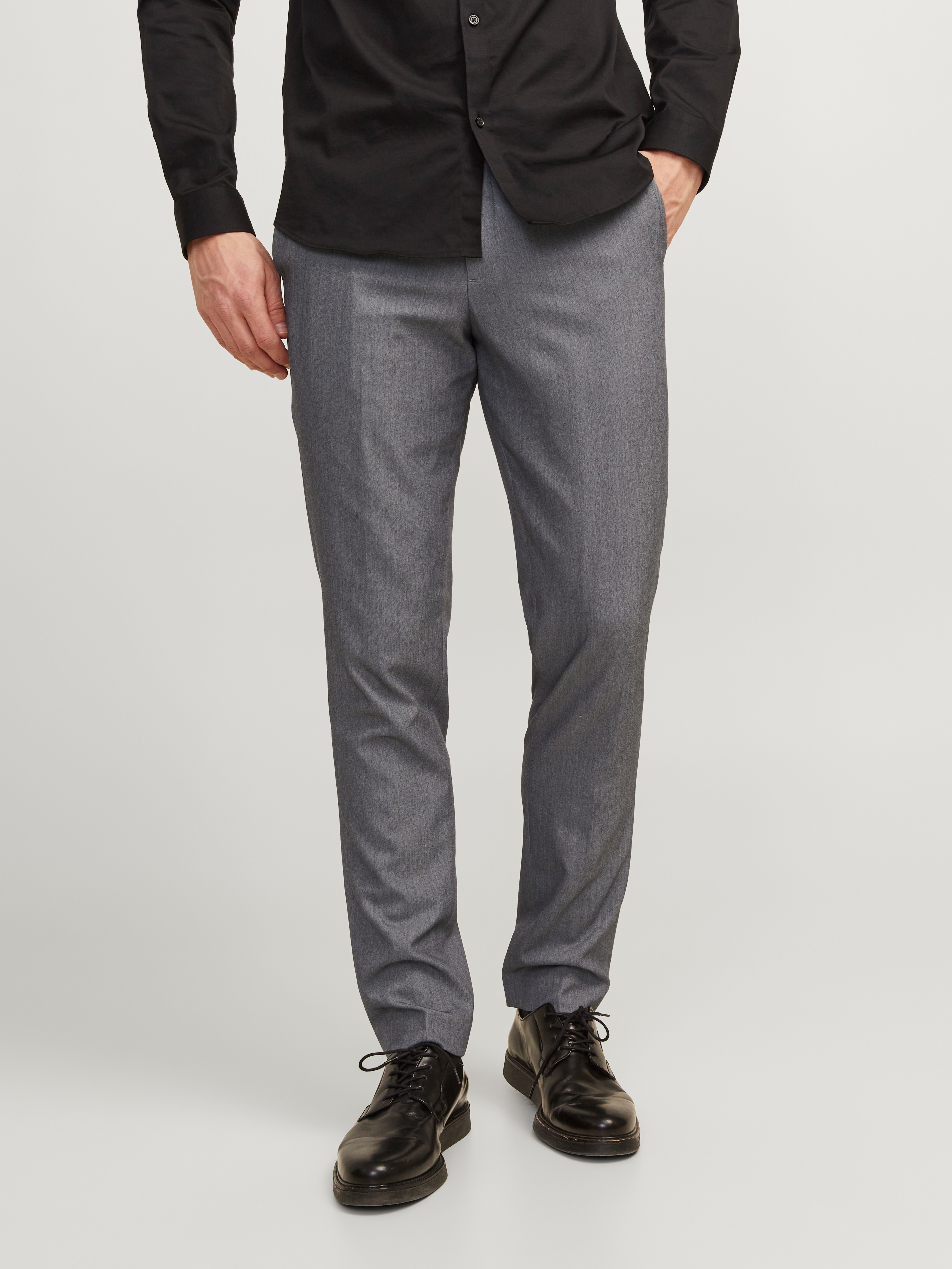 Anzughose JACK & JONES "JPRFRANCO Hose mit schmalem Bein und cleanem Look", Herren, Gr. 52, N-Gr, grau (light grau melange), Web, Obermaterial: 78% Polyester, 17% Viskose, 4% Elasthan, 1% sonstige Fasern, meliert, slim fit normal, Hosen Anzughose,...