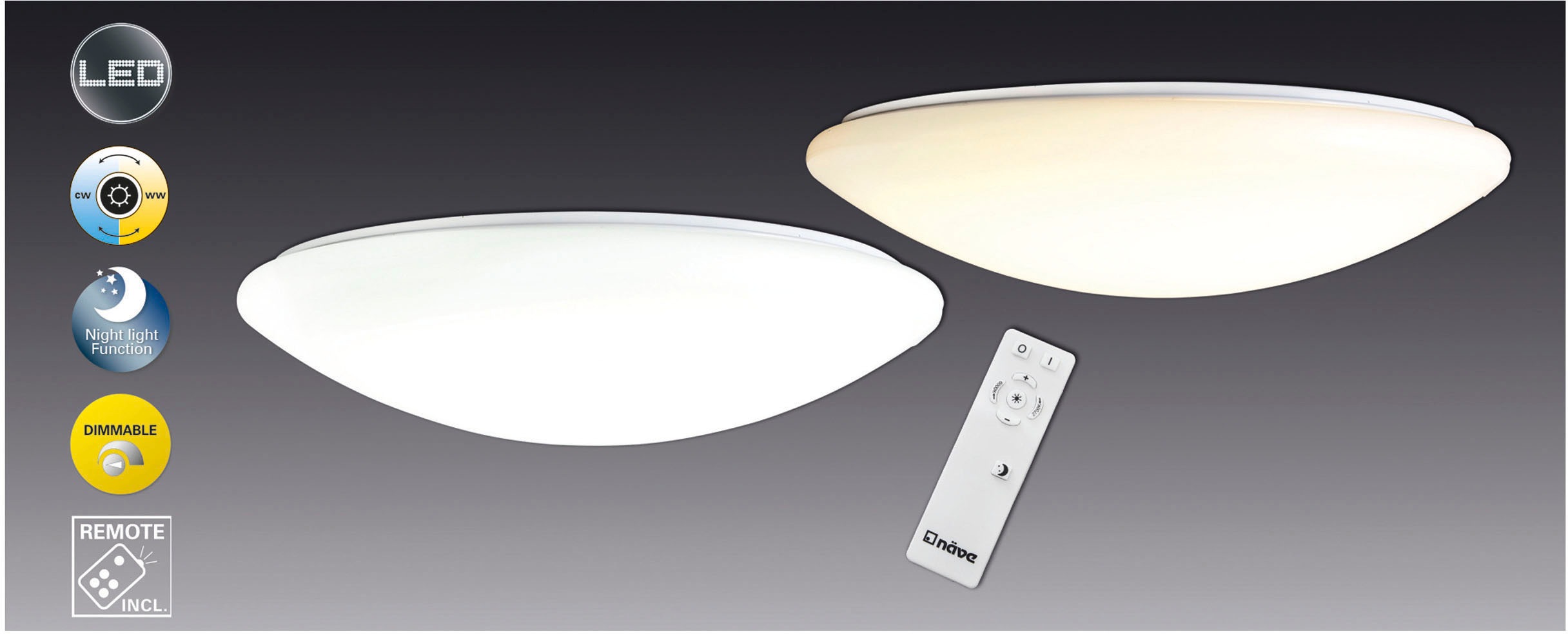 NÄVE LED Deckenleuchte "Sydney", weiß, 1, Ø 60cm H: 15cm, 1 Stk., Leuchten, dimmbar, Nachtlichtfunktion,memory, Lichtfarbe wechselbar, d: 60cm Image