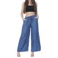 Ladies Casual Denim Wide Leg Palazzo Baggy Trousers Tie Belt Flared Pants Size 8-22