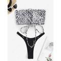 Animal Print Lace-up Bandeau Thong Bikini Swimwear Black