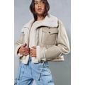 Borg Lined Textured Leather Look Aviator Jacket