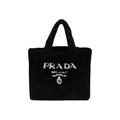 Prada Shearling Tote Bag Intarsia Logo Black/White