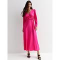 New Look Satin V Neck Long Sleeve Frill Detail Midi Dress - Bright Pink, Bright Pink, Size 10, Women