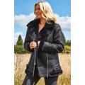 Women's Faux Fur Lined Zip Detail Belted Biker Aviator Jacket in Black - Size 16