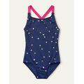 Cross-back Printed Swimsuit Blue Girls Boden, Harmony Blue Gold Spot