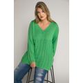 Plus Size Cable Accent V-Neck Fine Knit Sweater, Woman, green, size: 20/22, synthetic fibers/cotton, Ulla Popken