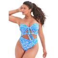 Plus Size Women's Underwire Tie Front Bandeau One Piece by Swimsuits For All in Blue Animal (Size 16)