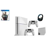 Sony Play Station 4 500GB Gaming Console White 2Controller Included with The Witcher 3 Wild Hunt BOLT AXTION Bundle Like New