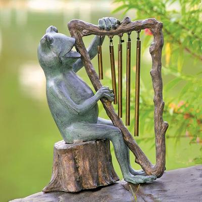 Frog Playing the Harp Wind Chime Sculpture Verdi Bronze , Verdi Bronze