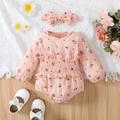 100% Cotton 2pcs Baby Girl Allover Floral Print Long-sleeve Shirred Romper with Headband Set