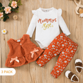 3pcs Baby Girl 95% Cotton Ruffle Long-sleeve Letter Graphic Romper and Allover Floral Print Pants with Bow Front Fuzzy Vest Set