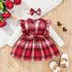2pcs Baby Girl Red Plaid Ruffle Trim Bow Front Spliced Ribbed Long-sleeve Dress with Headband Set