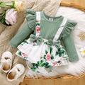 Baby Girl Green Rib Knit Ruffle Trim Bow Front Spliced Floral Print Long-sleeve Romper