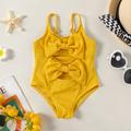 Baby Girl Solid Ribbed Spaghetti Strap Bowknot Hollow Out One-Piece Swimsuit