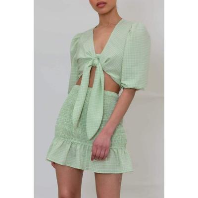 Jamie Printed Tie Knot Blouse - Green Gingham
