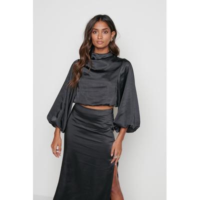 Yasmin Balloon Sleeve Crop Blouse - Black