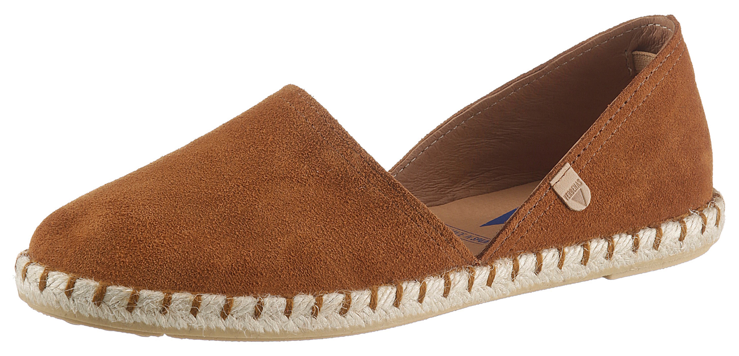 Espadrille VERBENAS "CARMEN SERRAJE", Damen, Gr. 38, braun (cognac), Veloursleder, Schuhe Espadrille, Schlupfschuh, Sommerschuh, Loafer mit typischem Jute-Rahmen