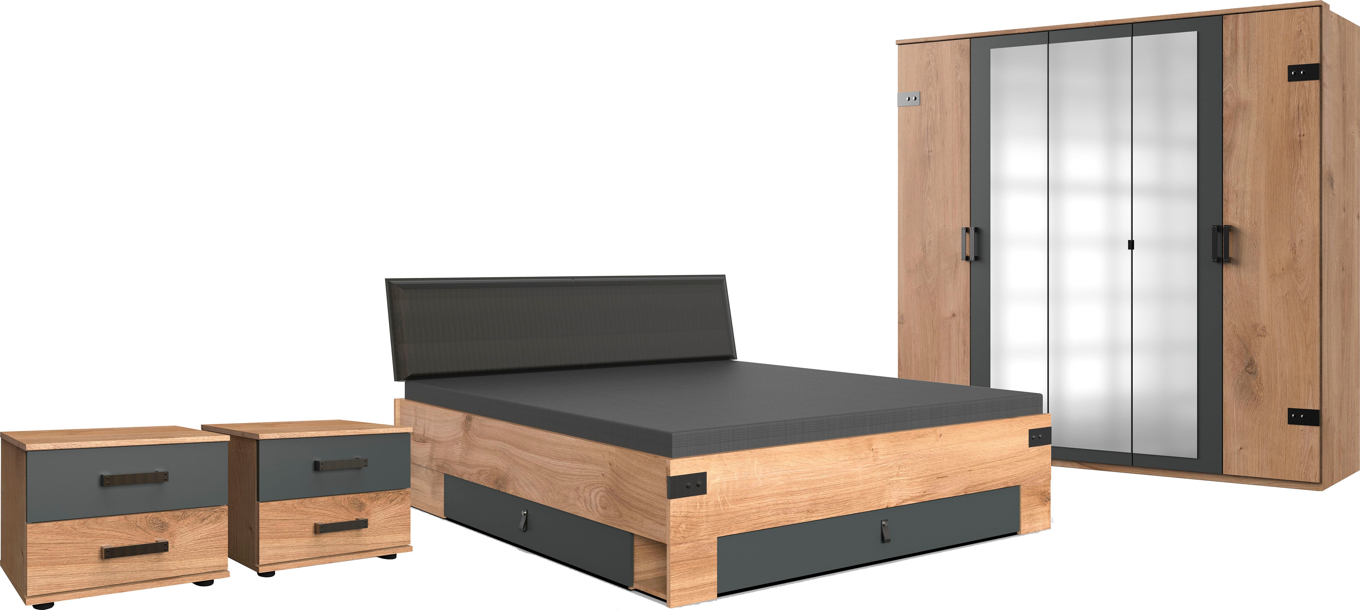 Schlafzimmer-Set WIMEX "Stockholm, rustikaler Look im Industrial Design", grau (plankeneiche, nachbildung, abgesetzt graphit), B:189cm H:96cm T:210cm, Holzwerkstoff, Spanplatte, Schlafzimmermöbel-Sets, 6-teilig, Kleiderschrank mit Spiegel, Bett...
