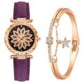 Ladies Strap Leaf Dial Star Bracelet Quartz Watch Set Gift