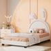 Leather Upholstered Platform Bed with Rabbit Ears Headboard, Twin/Full Size PU Leather Kids Platform Bed Frame for Kids Bedroom