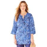 Plus Size Women's Liz&Me® Lace-Up Bell Sleeve Peasant Blouse by Liz&Me in Dark Sapphire Paisley (Size 2X)