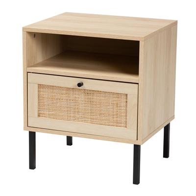 Caterina Mid-Century Modern Transitional Natural Brown Finished Wood And Natural Rattan 1-Door Night by Baxton Studio in Natural Brown Black