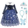 Elsa Dress Up for Girls, Kid Girls Anna Princess Costumes Snow Queen Long Sleeve Sequins Snowflake Velvet Tulle Dress Birthday Christmas Carnival Cosplay Party Dark Blue+Accessories 4-5 Years