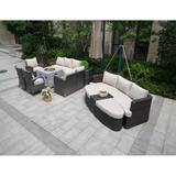 Outdoor Daybed Sofa Set with Fire Pit Table Rattan Garden Furniture by None(Brown Grey Mixing)