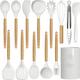 14 Pcs Silicone Cooking Utensils Kitchen Utensil Set - 446°F Heat Resistant,Turner Tongs, Spatula, Spoon, Brush, Whisk, Wooden Handle Kitchen Gadgets with Holder for Nonstick Cookware (BPA FREE) White