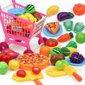 50pcs Pretend Play Food Toys Plastic Cutting Food Toys for Kids Kitchen Toys Accessories with Storage Shopping Cart Cutting Pizza Grocery Fruits Vegetable Food Kitchen Toys Family Playset