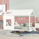 Twin Size House Bed Comfort Kids Beds Modern Solid Wood Construction Low Ground Big Twin Bed with Roof Frame and Window