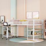 Twin Size Metal Loft Bed Bedroom Kids' Beds with Rolling Desk and Two Built-in Bookshelves Double As Ladders with Guardrail