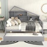 Full Size Platform Bed Wood Kids Beds with Storage Shelves, Pull-out Bed with Trundle