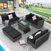 NICESOUL 9 Pcs Outdoor Furniture with Fire Pit Table Wicker Patio Sectional Sofa Set Dark Gray/Black