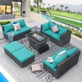 NICESOUL 9 Pcs Outdoor Furniture with Fire Pit Table Wicker Patio Sectional Sofa Set Dark Gray/Blue