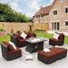 NICESOUL 7 Pcs Outdoor Wicker Furniture with Fire Pit Table Espresso/Red