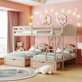 Full Over Twin & Twin Bunk Bed, Velvet Triple Bunk Bed with Drawers and Guardrails for Bedroom