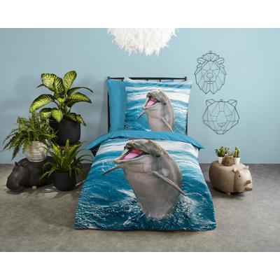 Kinderbettwäsche GOOD MORNING "Jump", blau, B/L: 135cm x 200cm, , Renforcé, B/L: 80cm x 80cm, Renforcu00e9, Obermaterial: 100% Baumwolle, Bettwäsche, 100% Baumwolle, 135x200, Reißverschluss, Wendeoptik, Kind, Delfin Blau