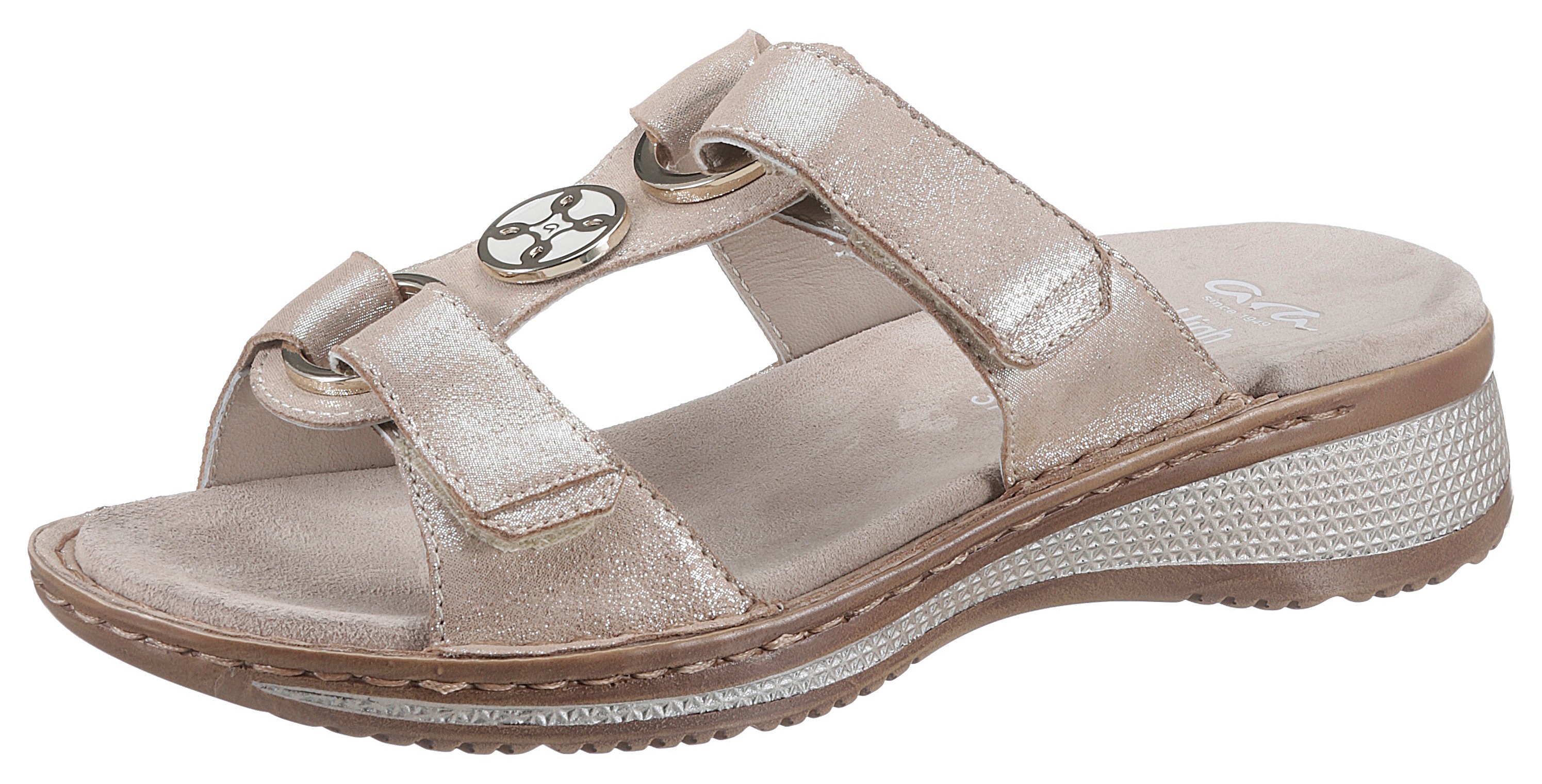 Pantolette ARA "HAWAII", Damen, Gr. 38, beige (sand metallic), Veloursleder, Schuhe Pantolette, Keilabsatz, Sommerschuh, Schlappen mit Klett