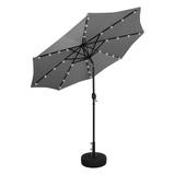 WestinTrends Cyrus 9 Ft Outdoor Patio Umbrella with Base Include Solar Powered 32 LED Light Umbrella with Tilt and Crank 20 inch Fillable Black Round Base Gray