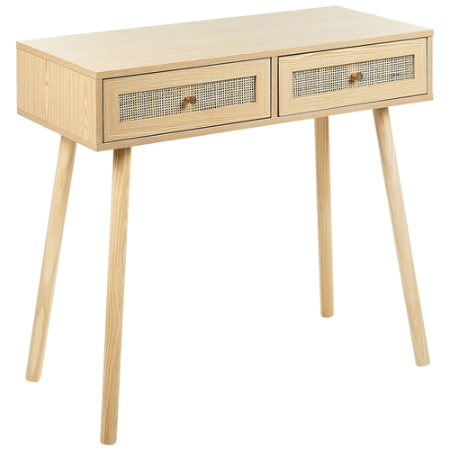 Konsolentisch helles Holz Holzbeine 88 x 40 x 79 cm 2 Rattan Schubladen Flurmöbel Boho Design