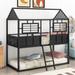 Twin over Twin Size Metal Low Bunk Bed with House-Shaped Frame, Metal Slats and Fence-shaped Guardrail