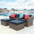 Outdoor Conversation Furniture Set 5 Pieces Patio PE Rattan Sofa Set with Ottoman Glass Table & Cushioned Chair Backyard Wicker Sectional Furniture Set for Poolside Deck Living Room Brown D1047