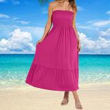 SDNall Formal Dresses for Women Summer Strapless Smocked A-Line Flare Boho Beach Dress Party Maxi with Pockets Dress Prom Dress