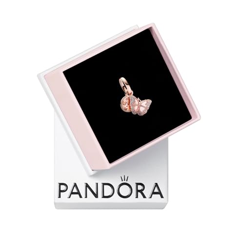 Pandora Moments Butterfly 14k rose gold-plated dangle with fancy fairy tale pink and clear cubic zirconia, transparent pink plique a jour enamel