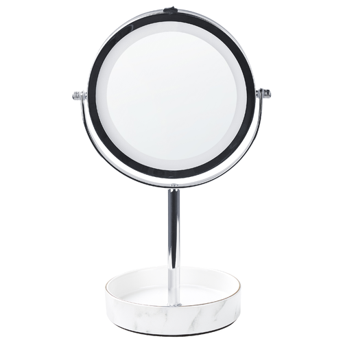 Kosmetikspiegel mit LED-Beleuchtung Silber u. Weiß ø 26 cm aus Eisen u. Keramik Doppelseitig Vergrößerungsspiegel Schminkspiegel Tischspiegel