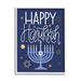 Happy Hanukkah Blue Menorah Pattern Holiday Graphic Art White Framed Art Print Wall Art